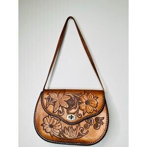 Vintage 1960s 70s Floral Tooled Leather Turn Lock Style Western Boho Handbag